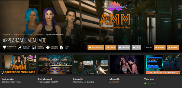 displays the mod page on Nexus Mods for Appearance Menu Mod in Cyberpunk 2077.