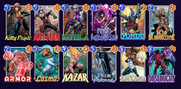 Marvel Snap deck consisting of Kitty Pryde, Ant-Man, Nebula, Nico Minoru, Yondu, Elsa Bloodstone, Armor, Cosmo, Ka-Zar, Blue Marvel, Spectrum. and Onslaught.