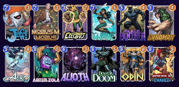 Marvel Snap deck consisting of Jeff the Baby Land Shark, Mobius M. Mobius, Electro, Wave, Sandman, Black Panther, Aero, Arnim Zola, Alioth, Doctor Doom, Odin, and America Chavez.