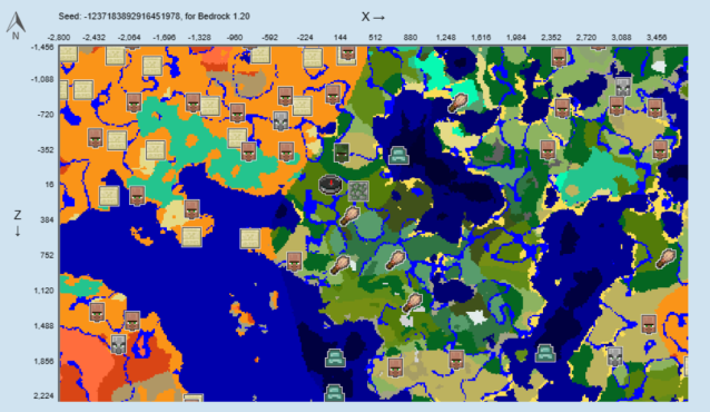 A map of the -1237183892916451978 Minecraft seed.