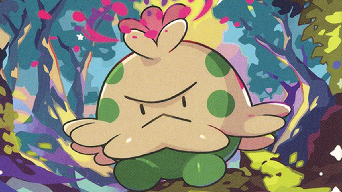 Shroomish spewing spores in Pokemon TCG art.