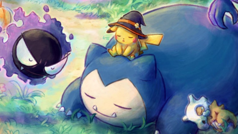 Halloween Hat Pikachu sitting on Snorlax's head.