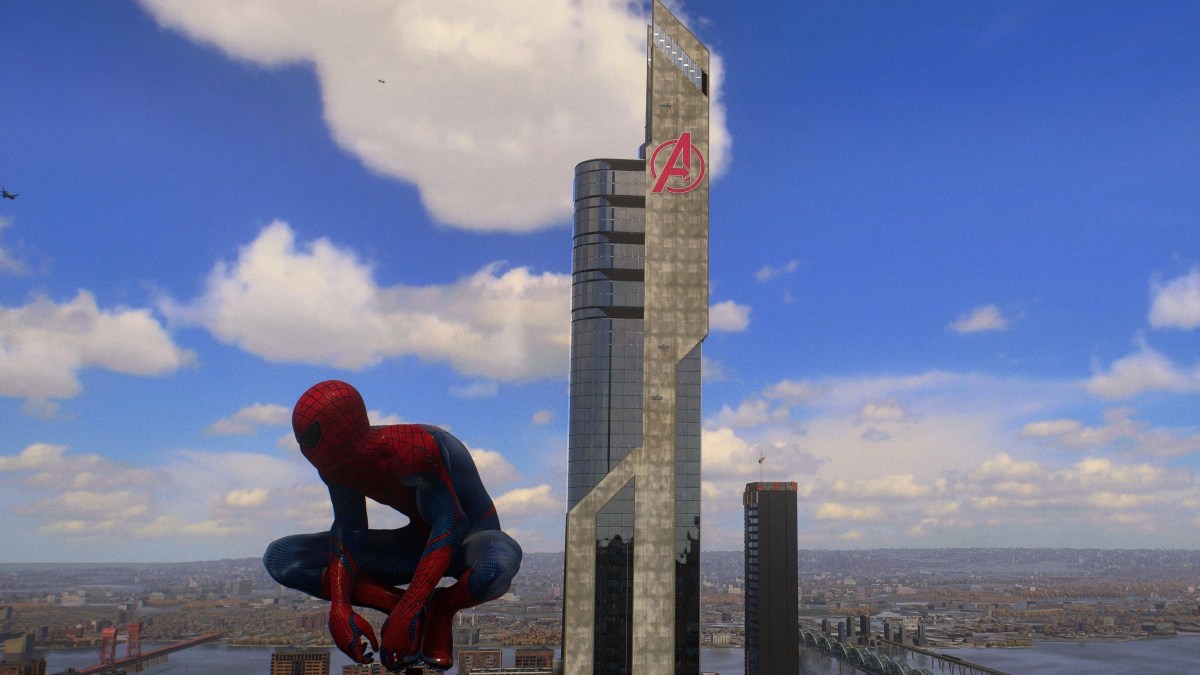 Peter Parker leaning on a side of a building next to Avengers Tower.