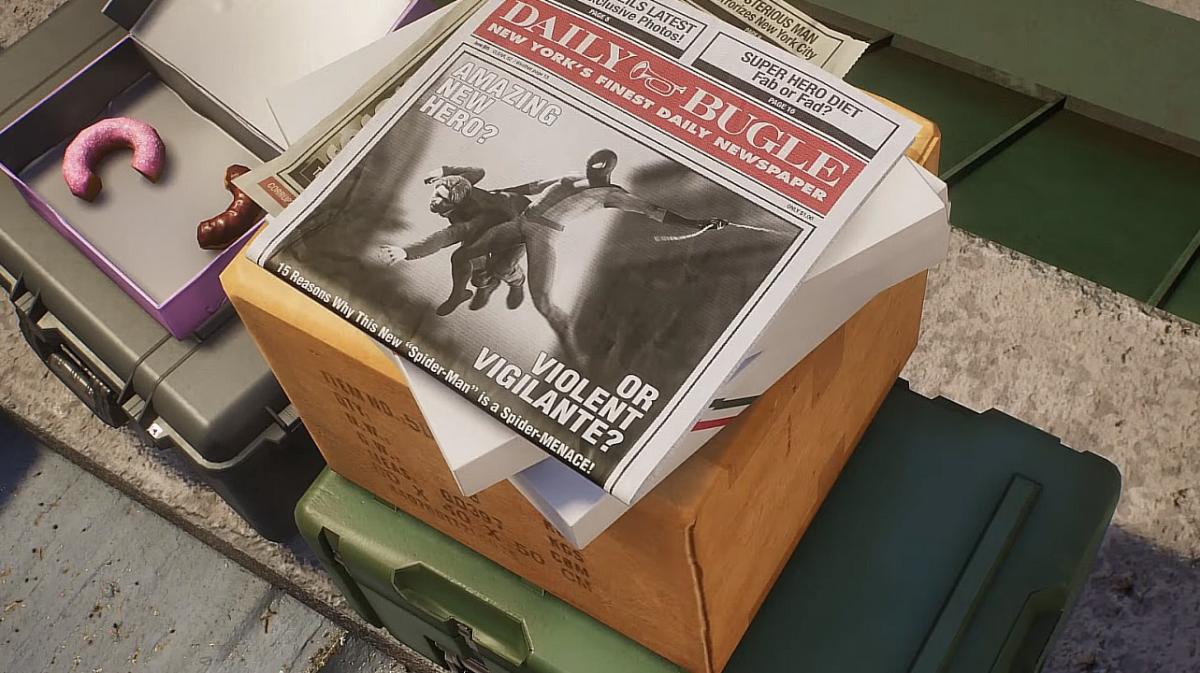 There is a shot of a newspaper with Spider-Man on the cover. He is swinging through the air while holding a thug in one hand.