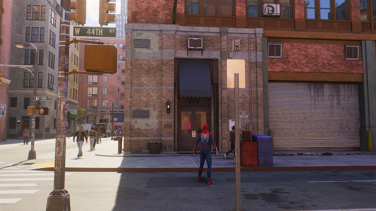 There is a shot of the outside of the law offices of Nelson and Murdock. Spider-Man is standing outside the offices. 