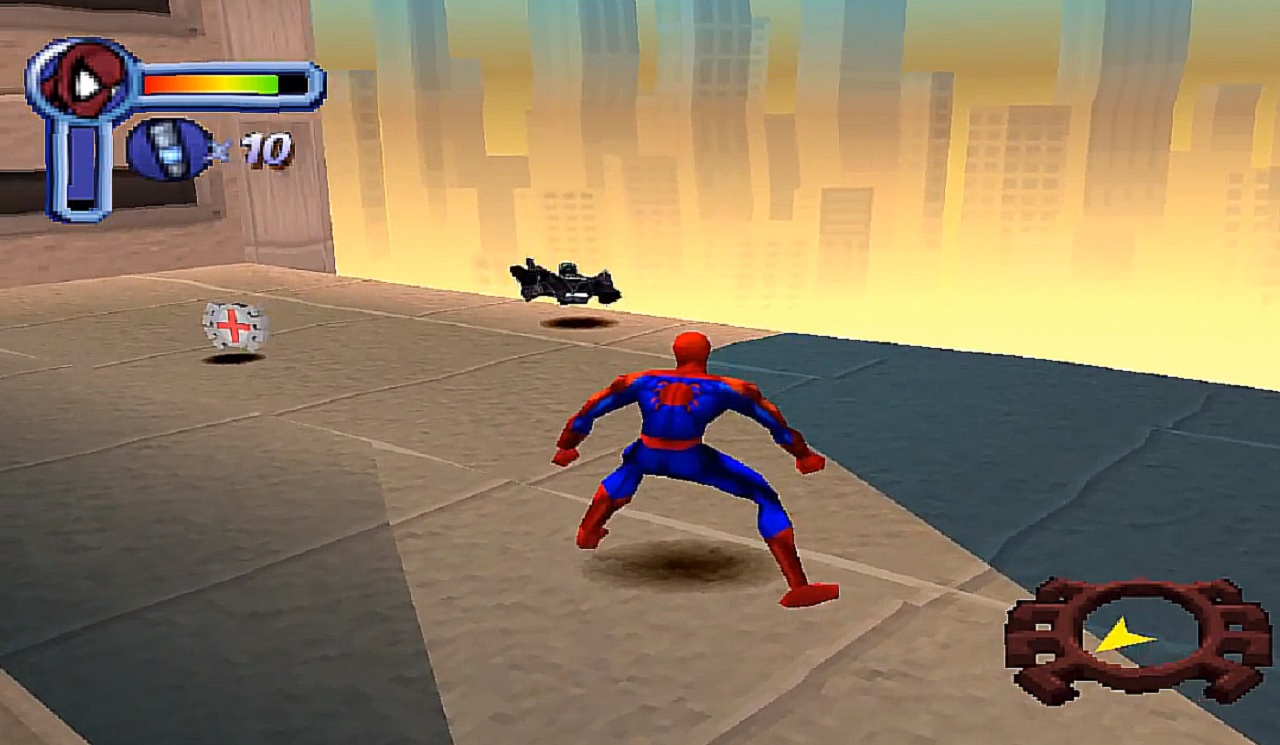 There is an image of Spider-Man on a rooftop above NYC. There is a thug on the ground.