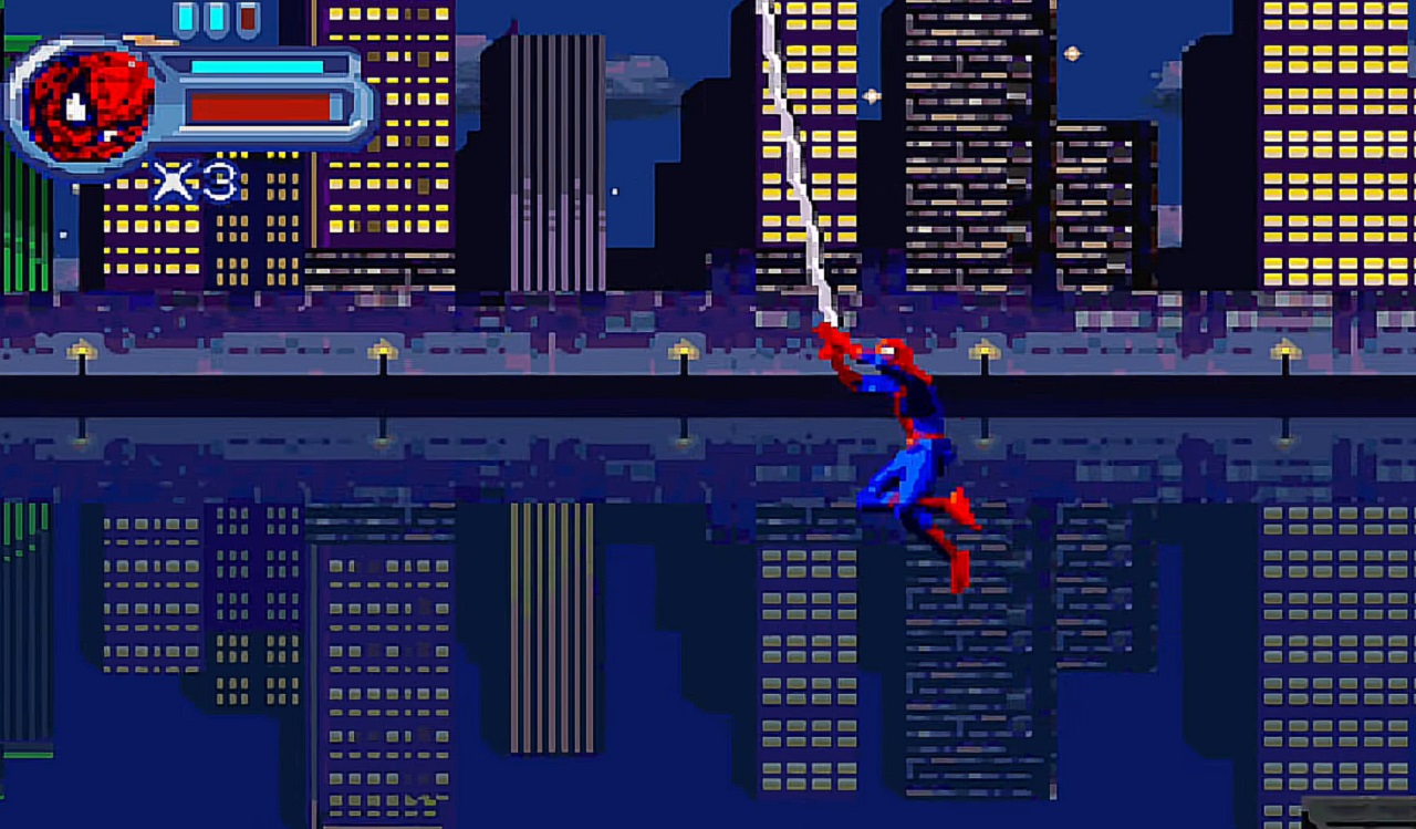 There is an image of Spider-Man swinging through the air in the city.