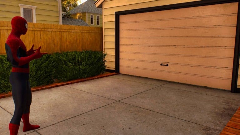 Spider-Man pointing at his garage