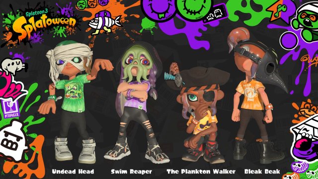 The first head cosmetics of Splatoon 3's Splatoween: the Undead Head, Swim Reaper, The Plankton Walker, and Bleak Beak.