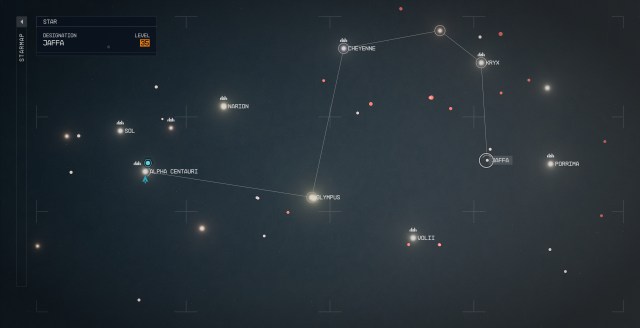 A screenshot of the Starmap in Starfield showing the location of the Jaffa star system.