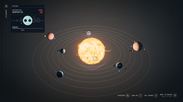 The Serpentis system in Starfield showing the planets and moons orbiting a star.