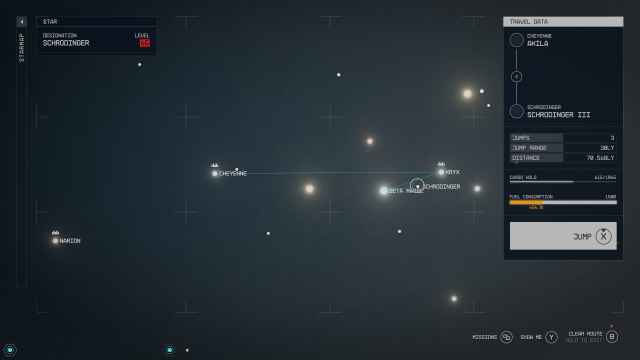 The galaxy map in Starfield showing the plotted route from Cheyenne to Schrodinger.