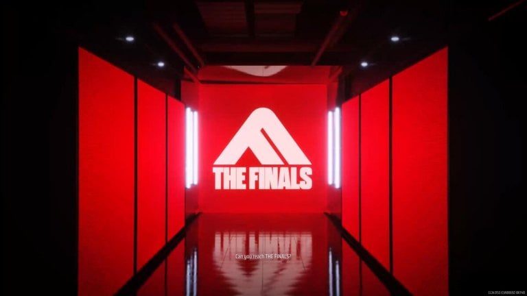 A hallway with screens lit up in red with THE FINALS logo.