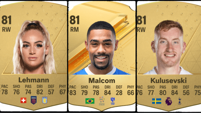 Cards for Alisha Lehmann, Malcom, and Dejan Kulusevski in EA FC 24.