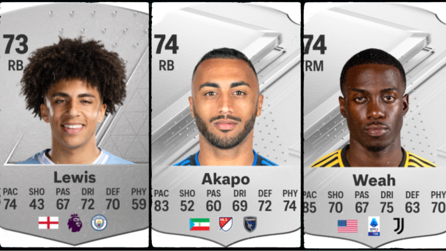 Cards for Rico Lewis, Carlos Akapo and Timothy Weah in EA FC 24.