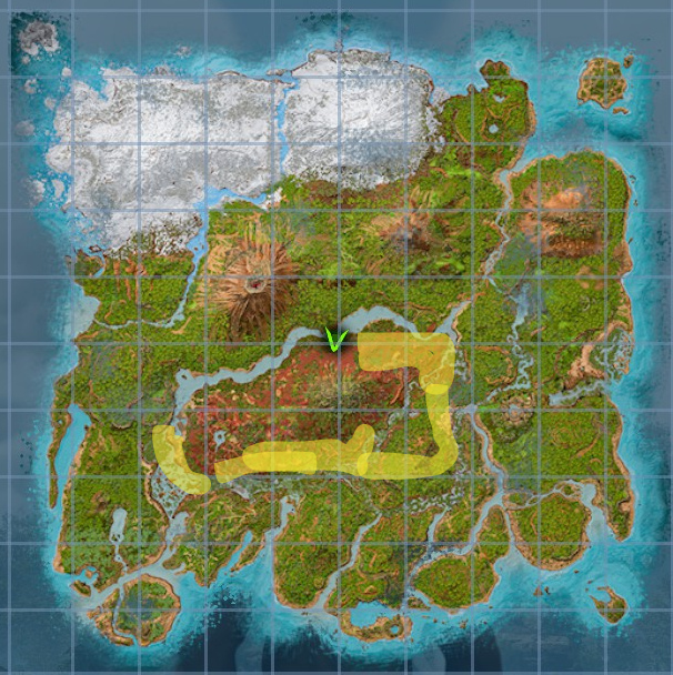 A screenshot of the Ark: Survival Ascended Island map with Rhyniogratha spawn locations highlighted.