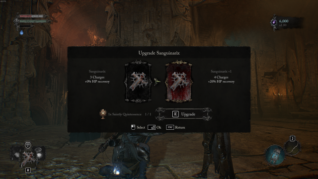 A screenshot from Lords of the Fallen showing a menu to upgrade the Sanguinarix, a cross-like item.