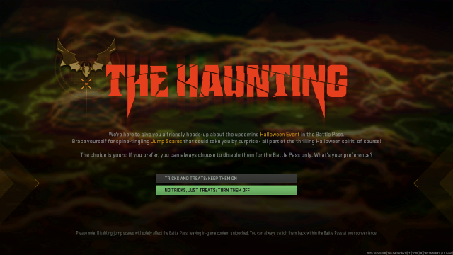 A screenshot of the jumpscare warning from this year's The Haunting event in Call of Duty.