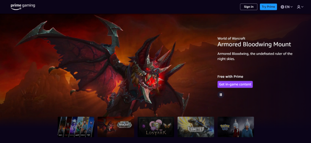 Amazon Prime Gaming home page featuring WoW