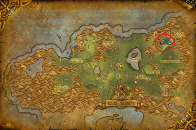 Map of Tirisfal Glades showing where's the entrance to Scarlet Monastery