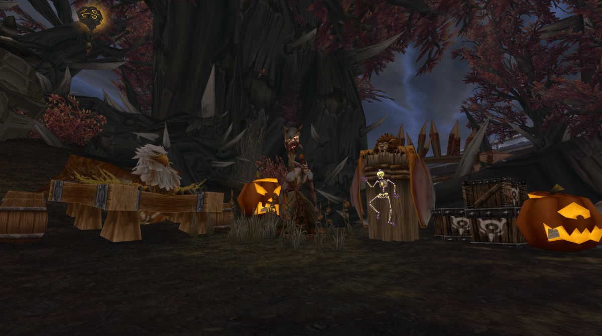 A troll stands in-between a gryphon and wyvern during Hallow's End in WoW Wrath Classic