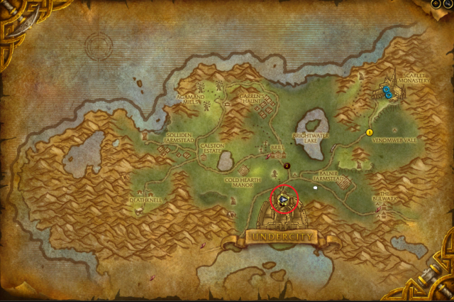 Map of Tirisfal Glades showing where A Ghostly Message quest starts.