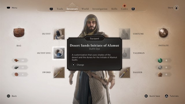 Assassin's Creed Mirage's inventory screen, showing off the dye Basim has equipped.