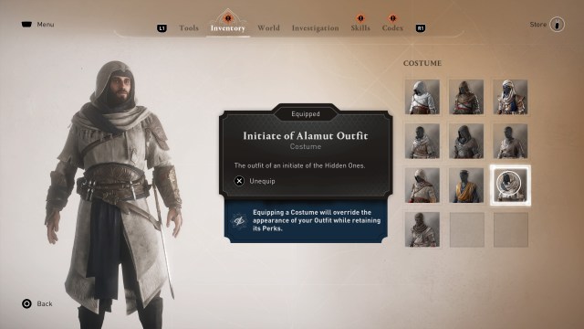 Basim modeling the Initiate of Alamut outfit in Assassin's Creed Mirage's main menu.