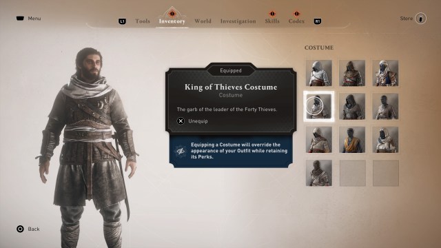 Basim modeling the King of Thieves outfit in Assassin's Creed Mirage's main menu.