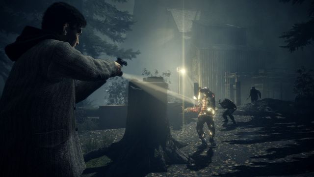 alan wake using flashlight and gun on enemies