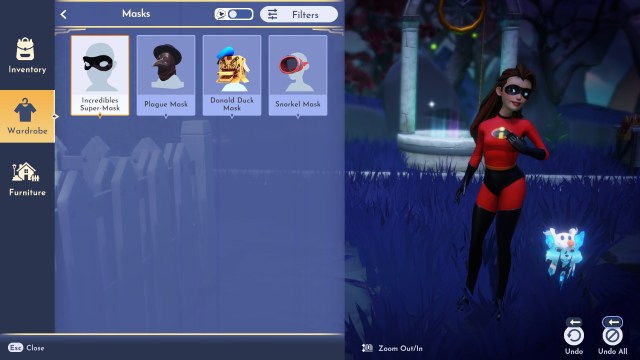 Four masks in the player's wardrobe. 