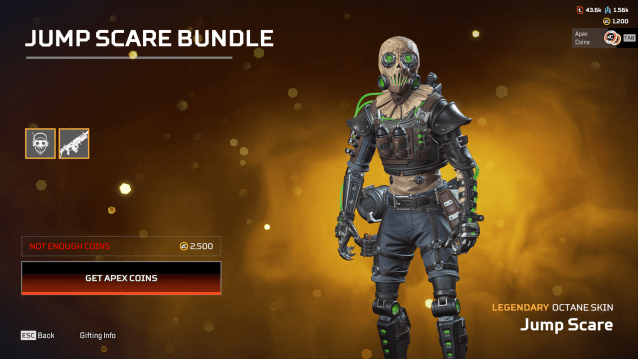 Octane in his "Jump Scare" skin is presented in the Apex Legends storefront. He is wearing a brown sack over his head, which has holes for glowing green goggles and rebreather sections. He is dressed in a black, gothic outfit with a variety of medical instruments strapped to him.