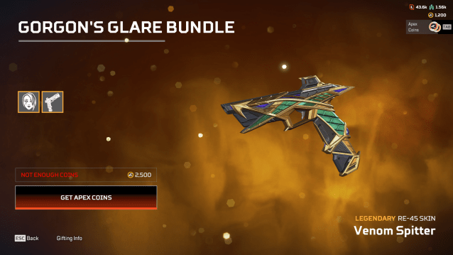 The Venom Spitter RE-45 pistol skin is shown in the Apex Legends store. The side of the gun takes on a minimalist representation of a snake, made up of sections of metallic gold, green and purple.