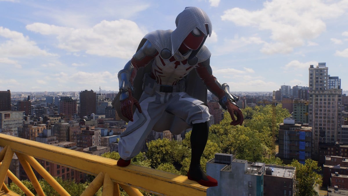 Spider-Man in his Arachknight suit, perched no a crane, overlooking NYC.