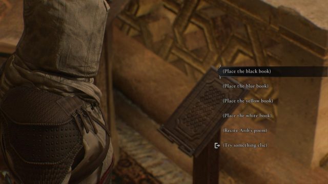 basim looking at books in assassin's creed mirage