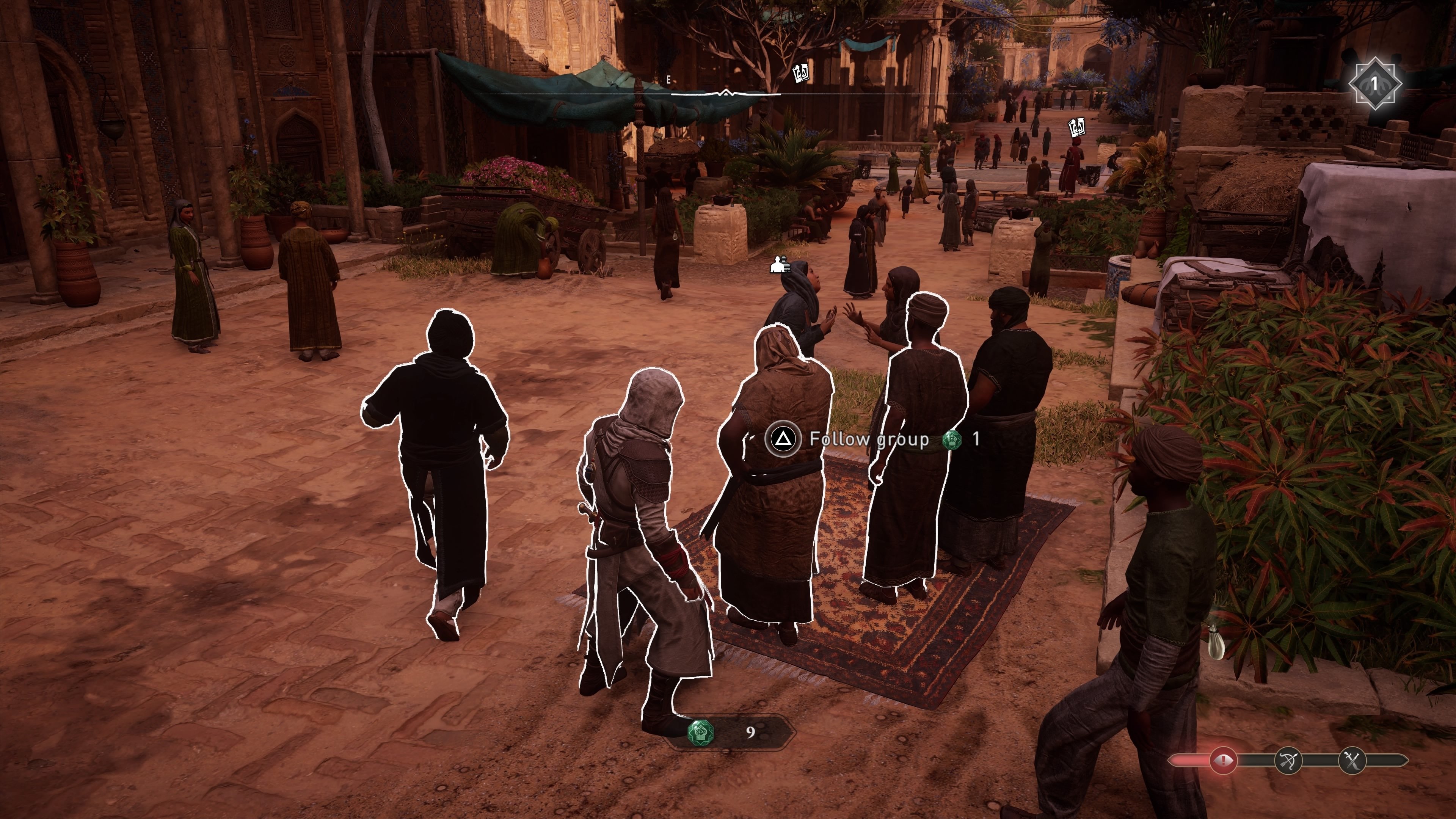 Basim approaches a follower group in Assassin's Creed Mirage, offering them a Merchant Token,