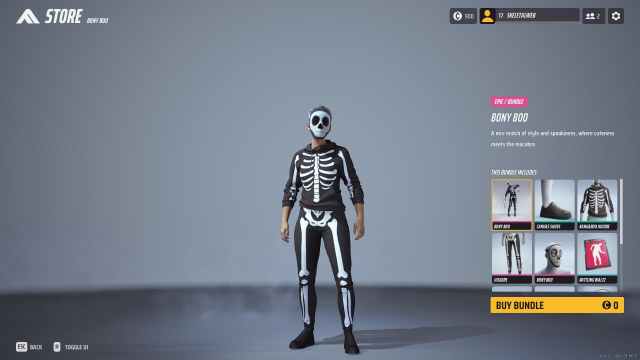 A smaller character wears a black outfit with a skull mask and skeleton design on a black tracksuit.