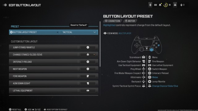 A screenshot of the button layout preset screen in MW3's controller settings.