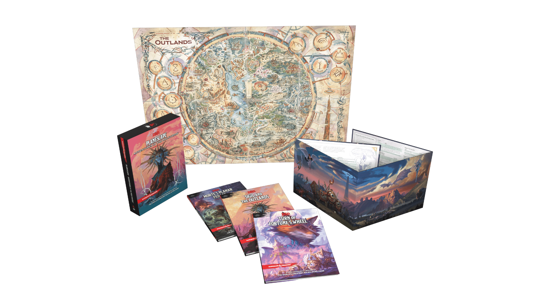 A bundle deal for a DnD 5E product line, including three books, a map, and a DM screen.