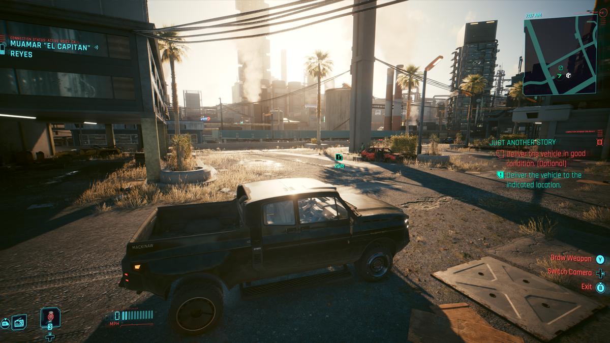 A futuristic car idles in a parking lot in Cyberpunk 2077. 