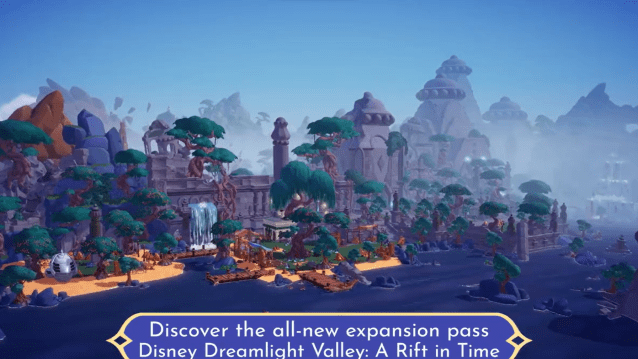 An overhead view of Eternity Isle with jungle trees, ancient stone structures, and a nearby ocean.