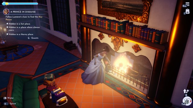The player uses their watering can on a fireplace in this Disney Dreamlight Valley screenshot.
