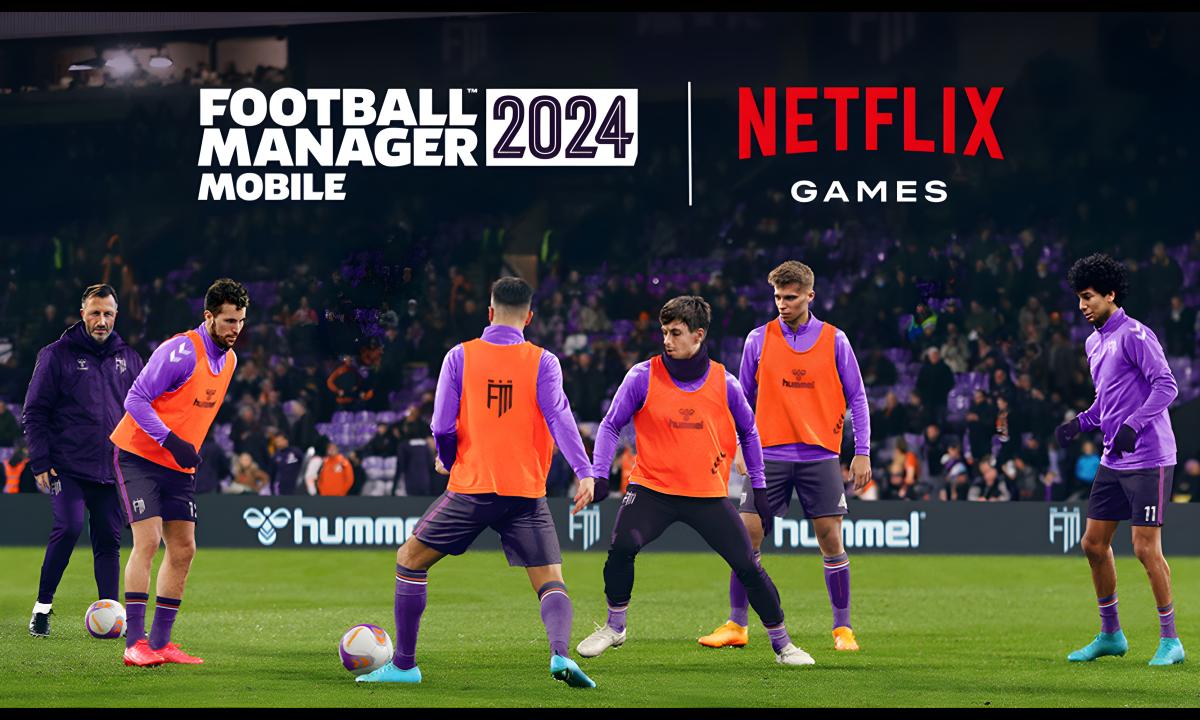Players passing the ball with Football Manager 2024 and Netflix logos above their heads