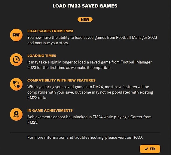 A screenshot showing the description for loading FM23 saved games in FM24.