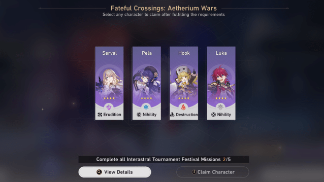 Four Belobog characters available as a reward including Serval, Pela, Hook, and Luka.