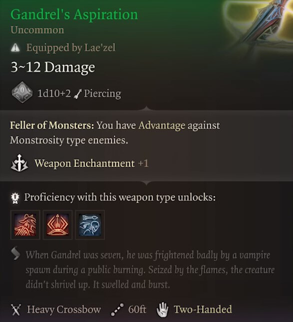 The weapon description of Gandrel's Aspiration in BG3.