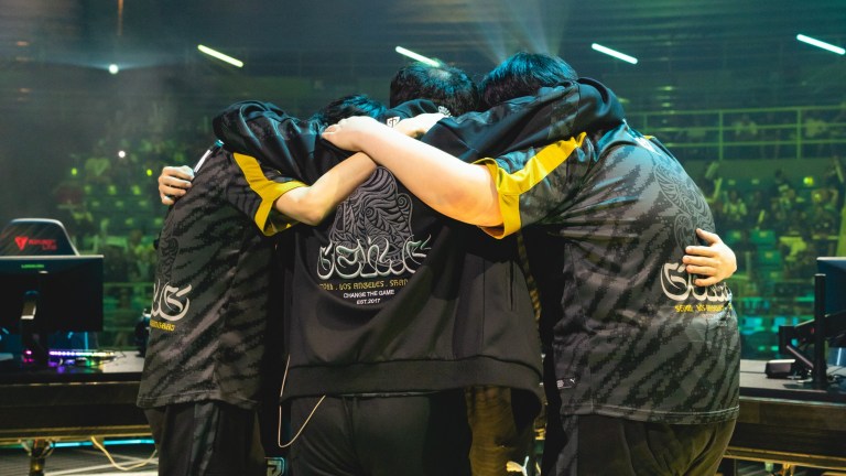 Gen.G Esports huddles onstage at the VALORANT Champions Tour 2023: LOCK//IN Groups Stage on February 15, 2023 in Sao Paulo, Brazil.