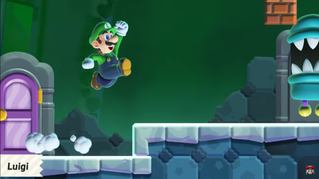 Luigi jumping in a Mario Wonder course.