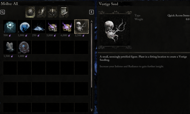 Molhu's shop menu with a numerous Umbral items.