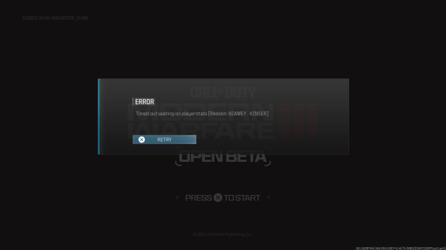 A screenshot of the NIAMEY KINSER error code in MW3.